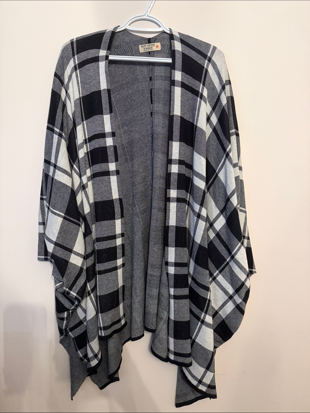 Ruff Hewn Black and White Plaid Open-Front Poncho